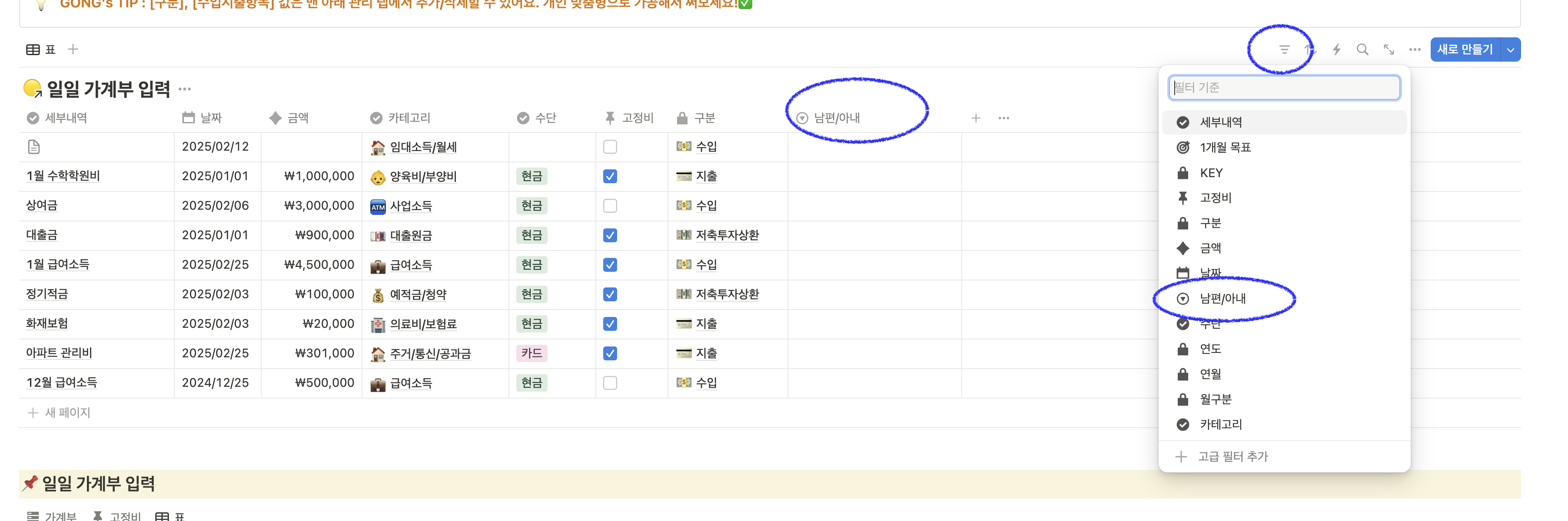 노션 가계부 부부 각자 따로 볼 수 있을까요?