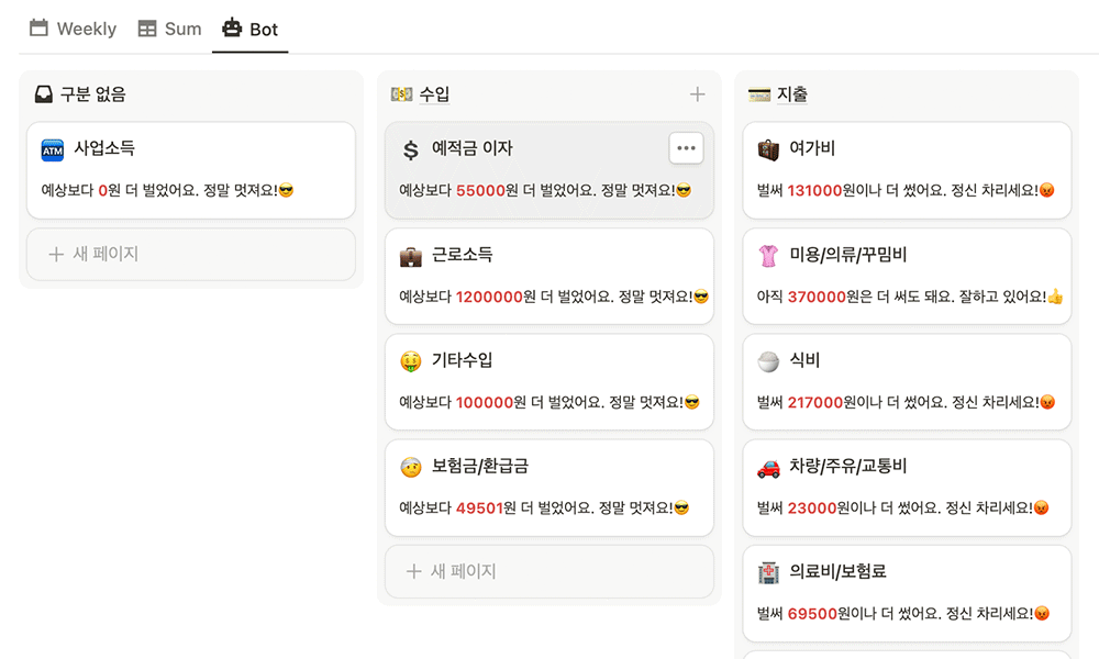 돈플래너 Bot 보드뷰에서 수입지출 알림을 확인하는 화면 예시