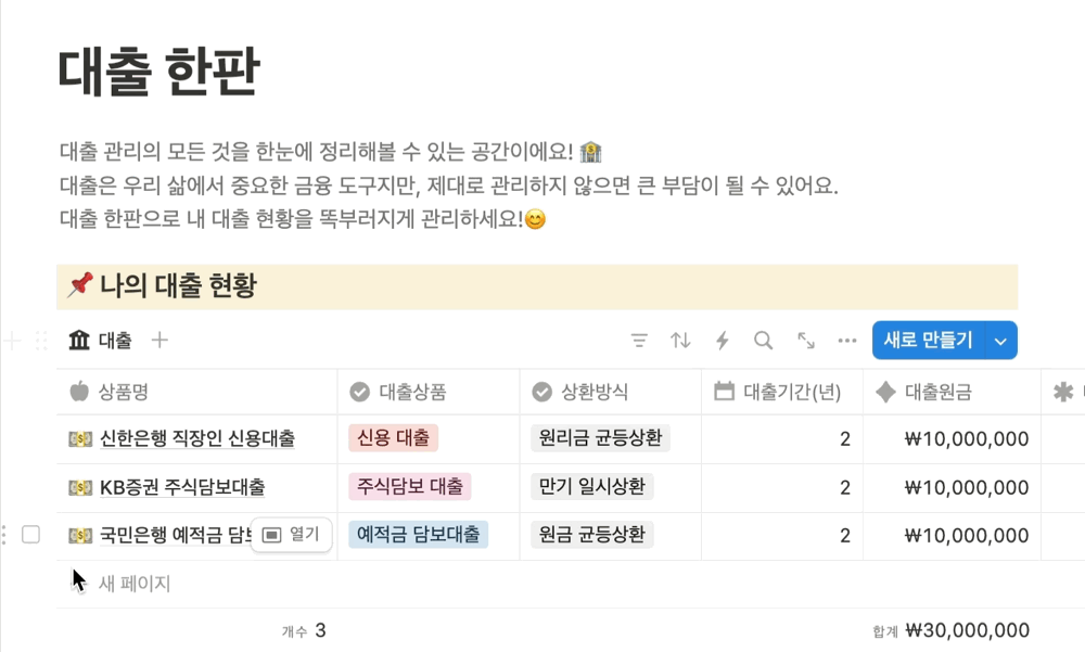 돈플래너 대출 한판에서 대출 원금과 이자를 관리하는 화면 예시