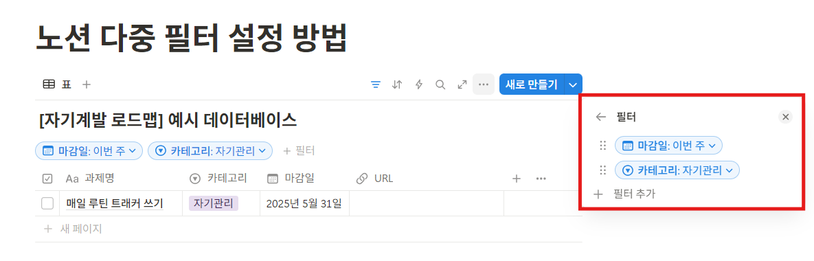 노션 데이터베이스 필터 여러 개 거는 방법 (중복 필터)