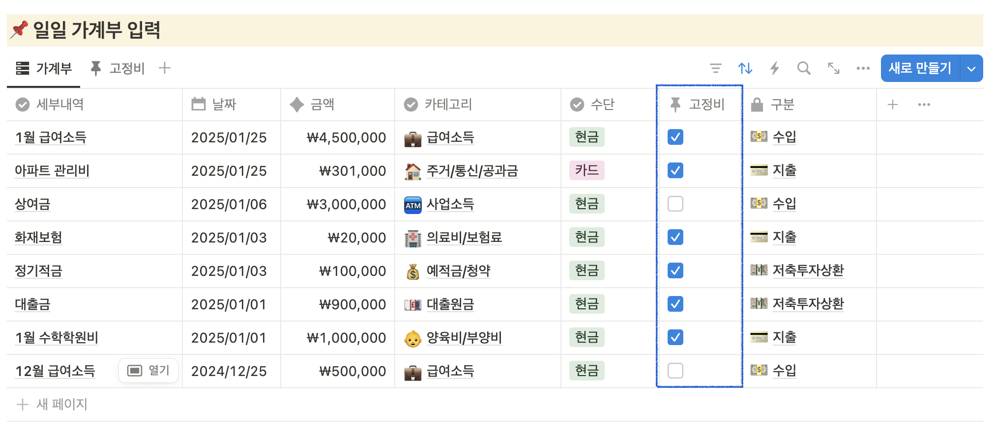 공여사 일일 가계부, 고정비 지출도 연동되나요?