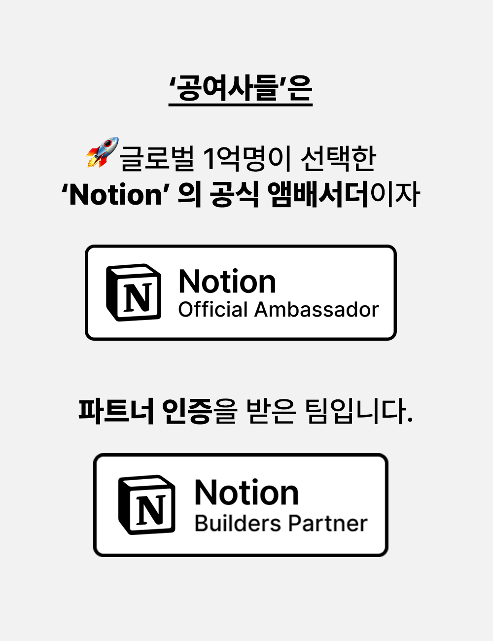 공여사들은 노션 공식 앰배서더와 노션 빌더스 파트너 인증을 받은 팀이라는 안내