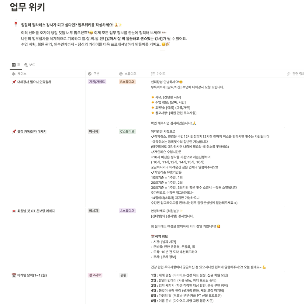 업무 위키를 필라노트에서 정리하는 화면