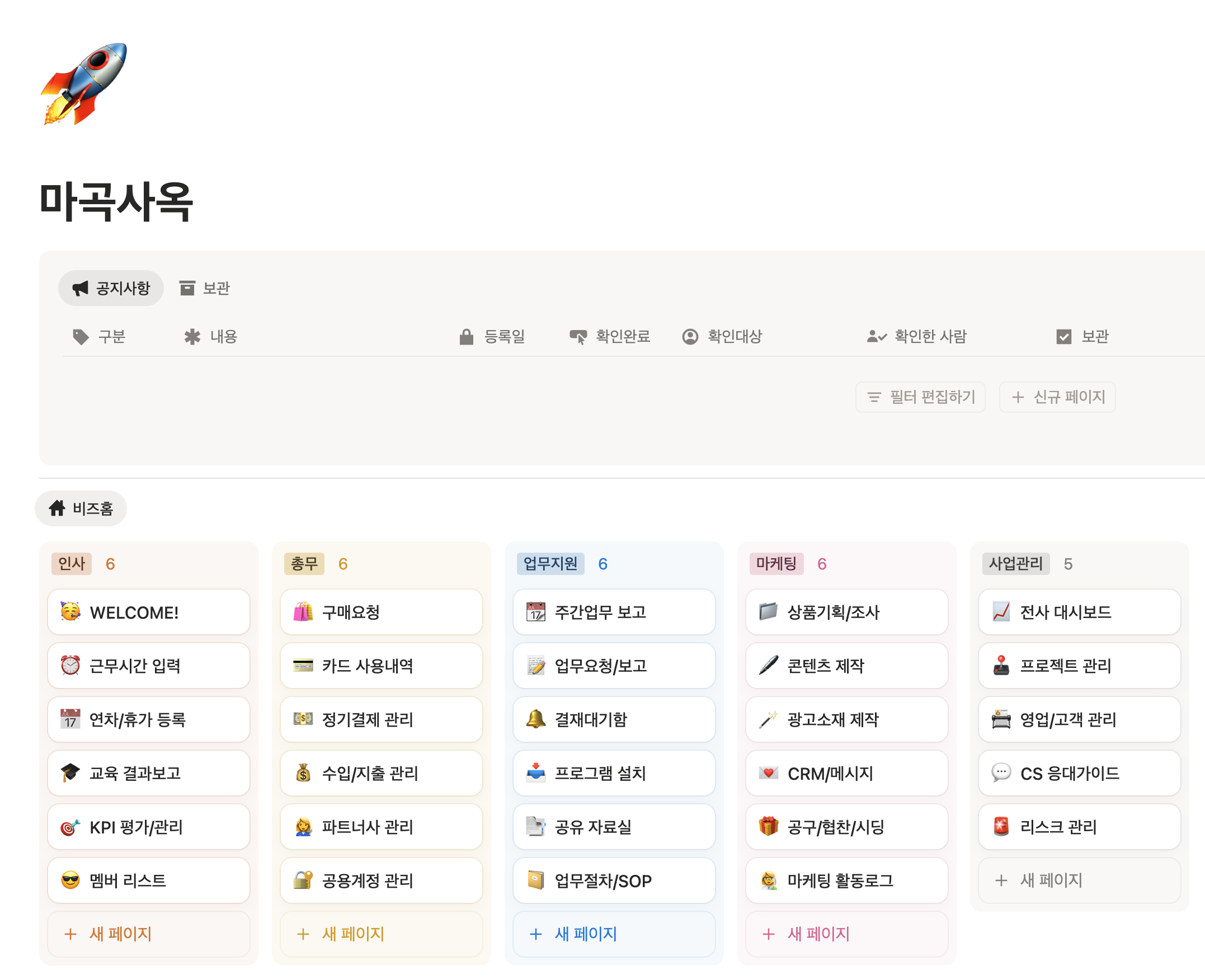 대표가 유료 계정으로 관리하는 비즈홈 표준 업무 화면