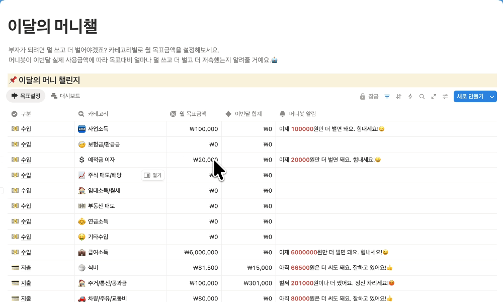 이달의 머니챌 노션 템플릿 사용 화면 예시