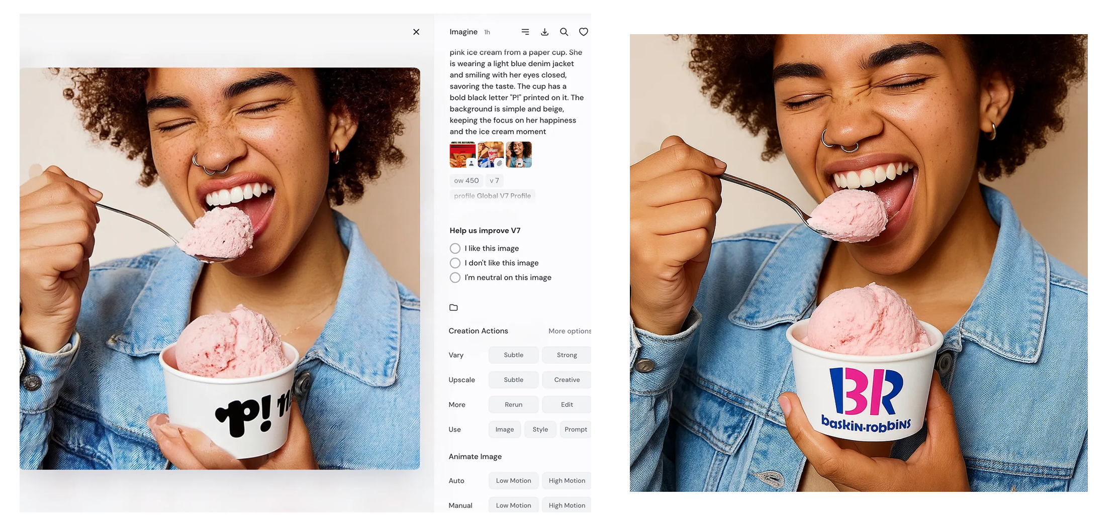 프롬프트 기반으로 생성된 아이스크림 시식 장면 실습의 산출물