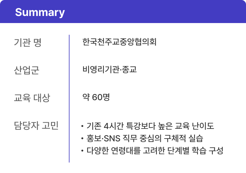 💡 스케일업 사례 #9 비영리기관에서는 AI를 어떻게 쓸까? 한국천주교중앙협의회 실무 맞춤 AI 활용 교육💒 Summary