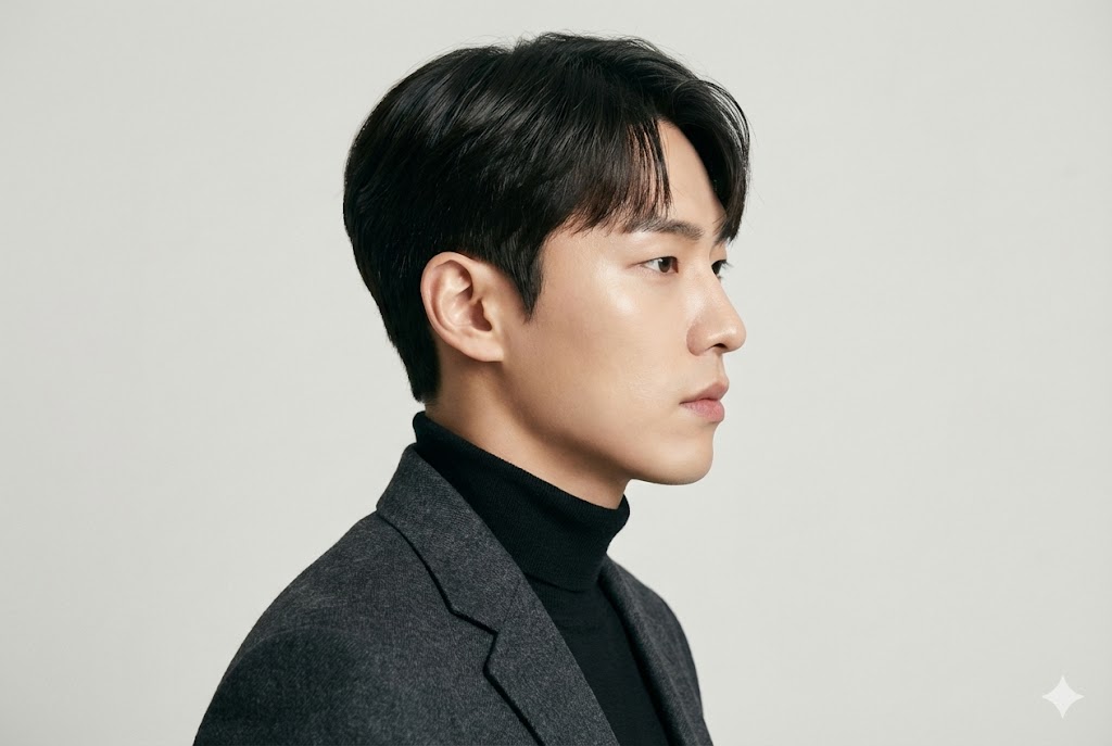 옆머리 다운펌으로 정돈되고 이마가 살짝 보이는 남자 댄디컷 스타일, 소개팅에서 호감 가는 남자 머리 예시.