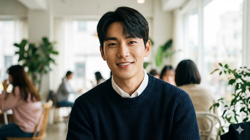 흔남에서 훈남으로 변신하는 현실적인 방법, 깔끔한 셔츠를 입고 자신감 있게 미소 짓는 남성, 소개팅 첫인상 꿀팁.