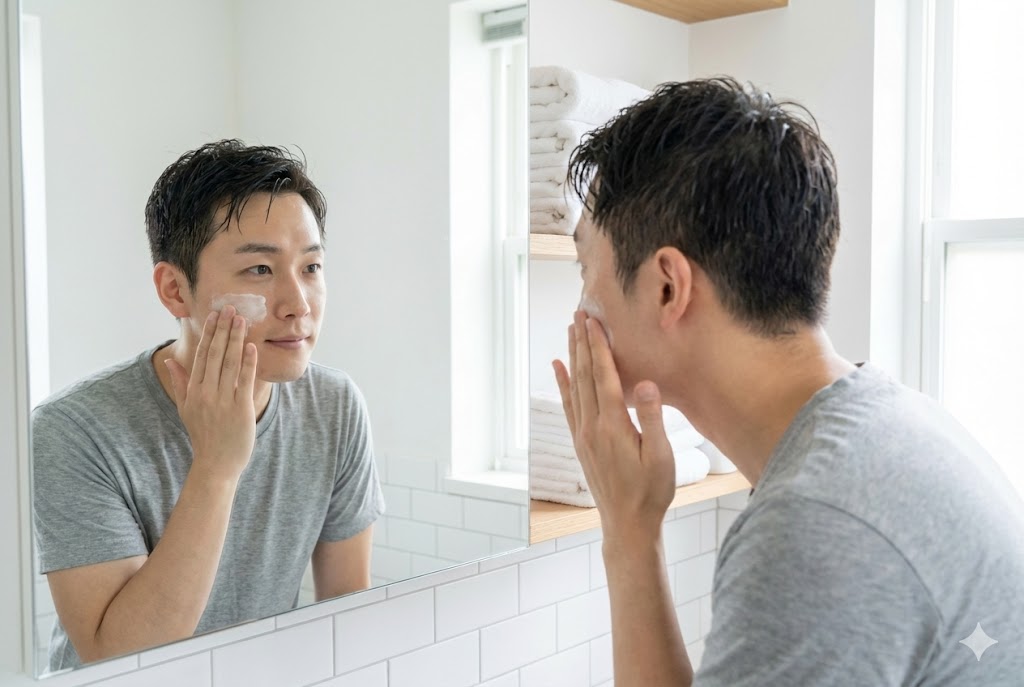 티 안 나게 피부 좋아 보이는 남자 메이크업 방법, 톤업 선크림으로 붉은기와 잡티를 정리하는 남성, 로테이션 소개팅 피부 관리