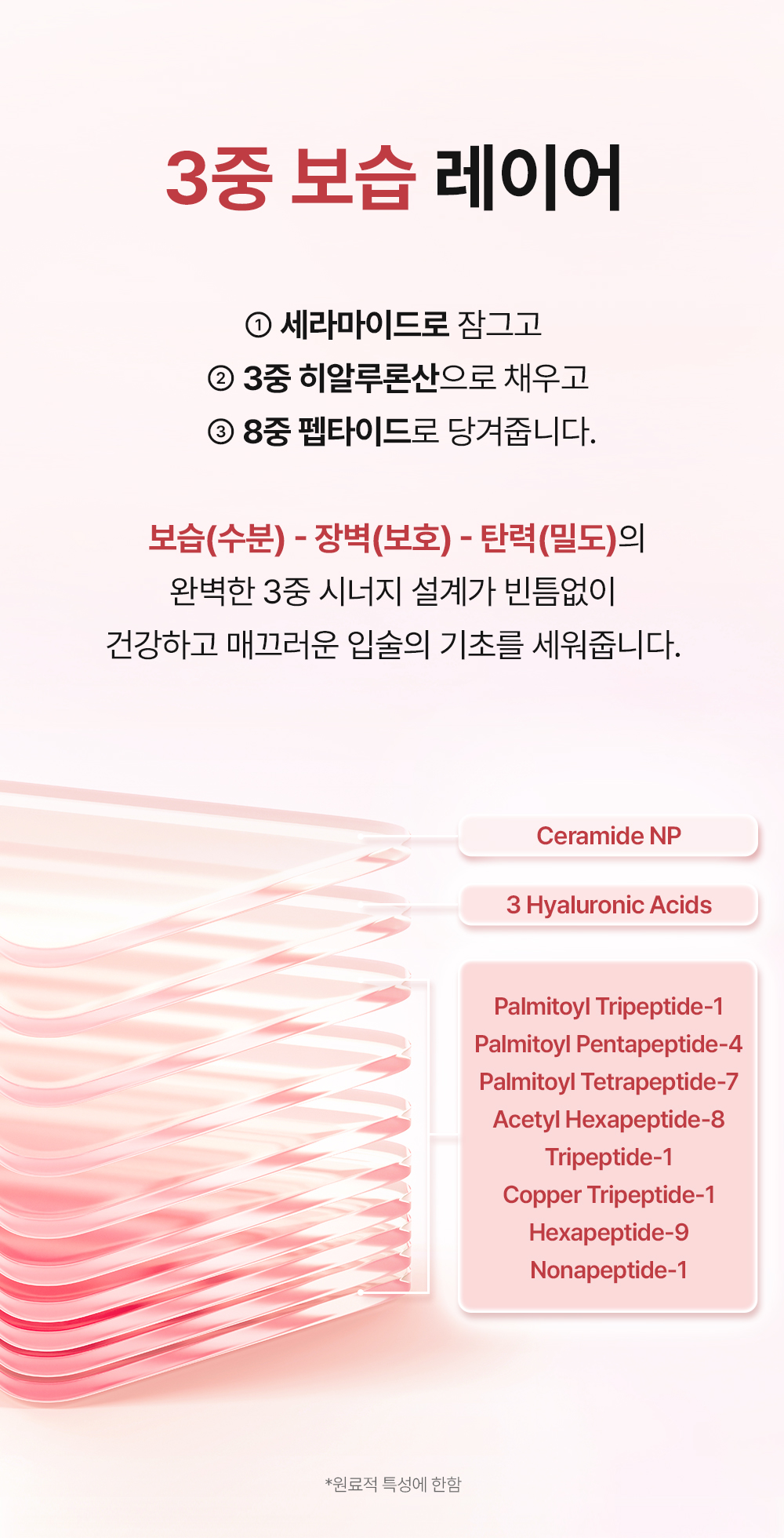 세라마이드와 3중 히알루론산, 8중 펩타이드로 입술 수분을 채우는 초고보습 립케어 시스템