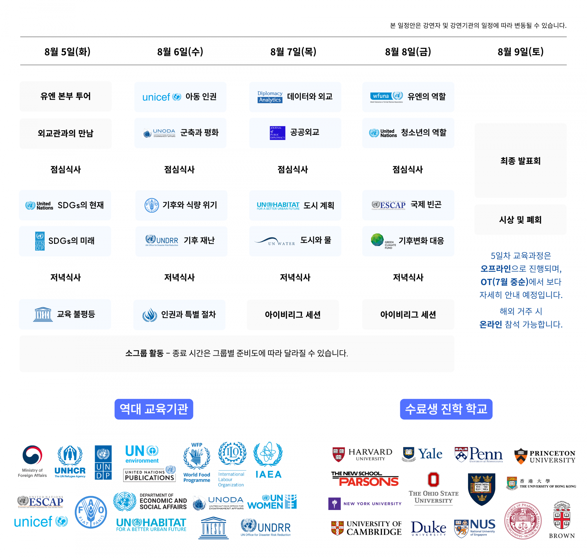 유엔 본부, 유엔 경제사회국, 유엔 재난위험경감사무국, 유네스코, 유니세프, 유엔 군축실, 유엔식량농업기구, 유엔 인권최고대표사무소, 유엔해비타트, 유엔개발계획, 녹색기후기금, 유엔협회세계연맹 등 전 세계 각지에서 강연자를 초청하여 실시간으로 진행되는 커리큘럼입니다.