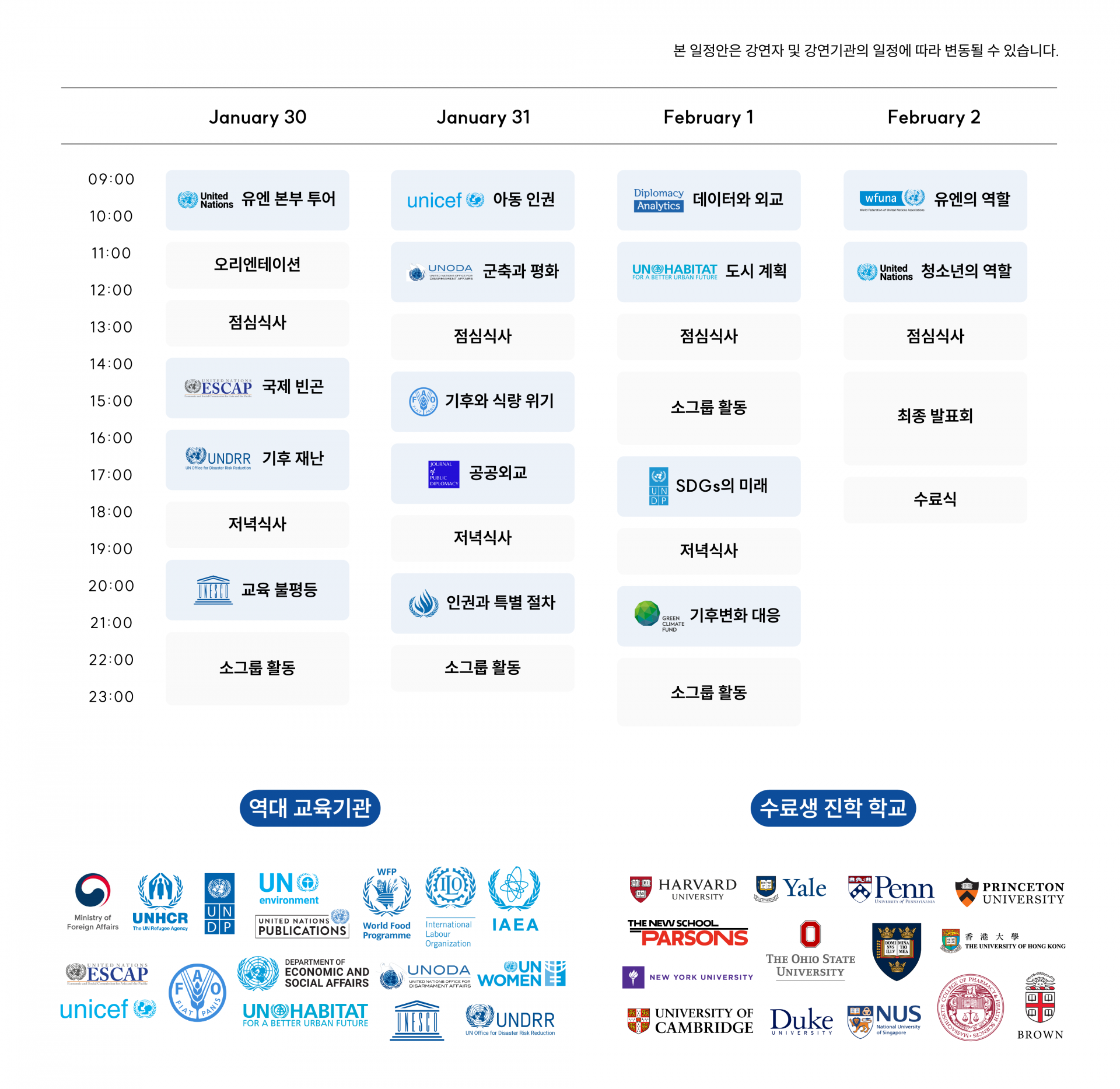 유엔 본부, 유엔 경제사회국, 유엔 재난위험경감사무국, 유네스코, 유니세프, 유엔 군축실, 유엔식량농업기구, 유엔 인권최고대표사무소, 유엔해비타트, 유엔개발계획, 녹색기후기금, 유엔협회세계연맹 등 전 세계 각지에서 강연자를 초청하여 실시간으로 진행되는 커리큘럼입니다.