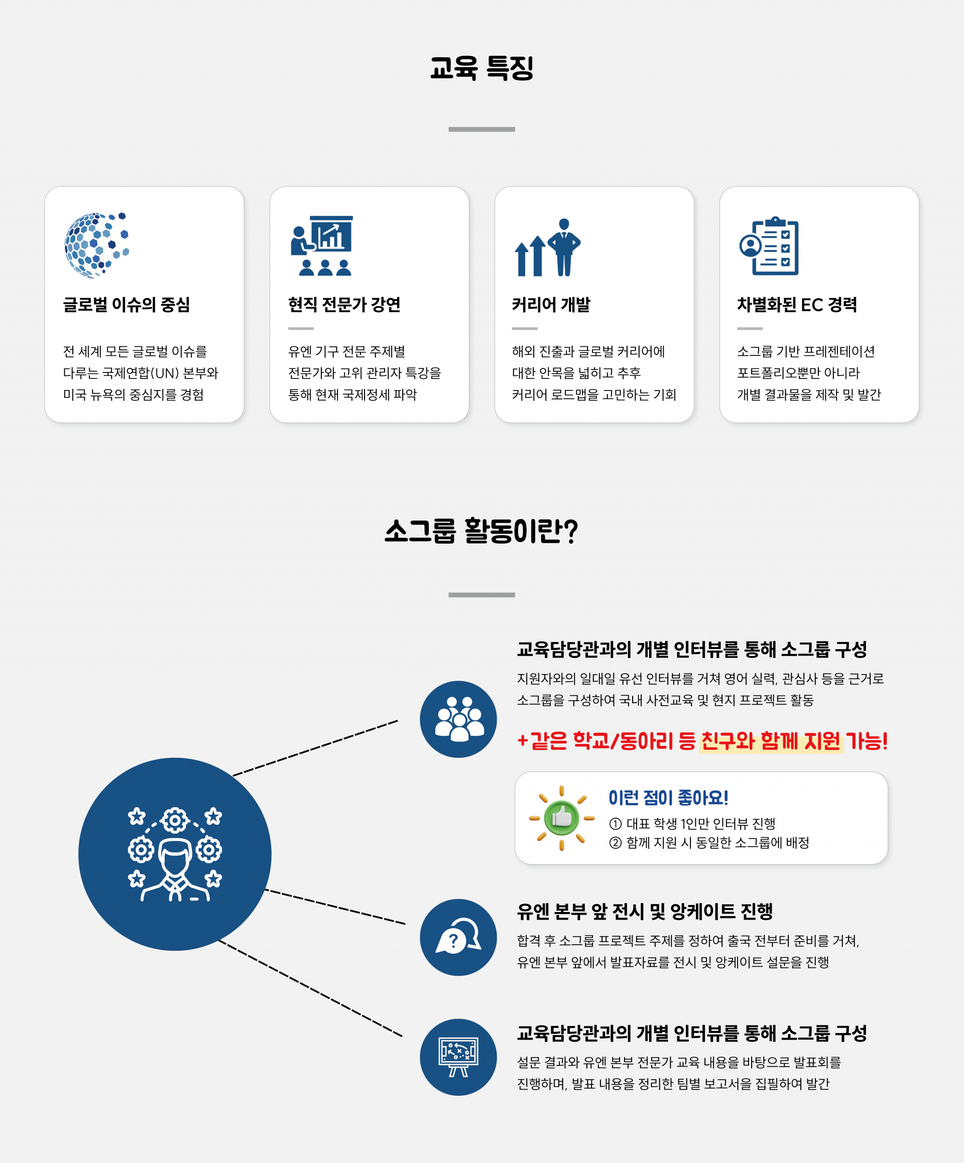 소그룹 기반 프레젠테이션 포트폴리오뿐만 아니라 개별 결과물을 제작 및 발간함으로써 다른 지원자와 차별화되는 EC 경력을 목표할 수 있습니다. 같은 학교 또는 동아리 친구와 함께 지원 시 대표 학생 1인만 인터뷰를 진행하며, 동일한 소그룹에 배정됩니다.