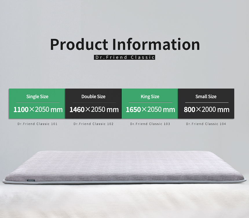 Product size information for the Dr.Friend Classic grounding sleep mat, showing single, double, king, and small size options"