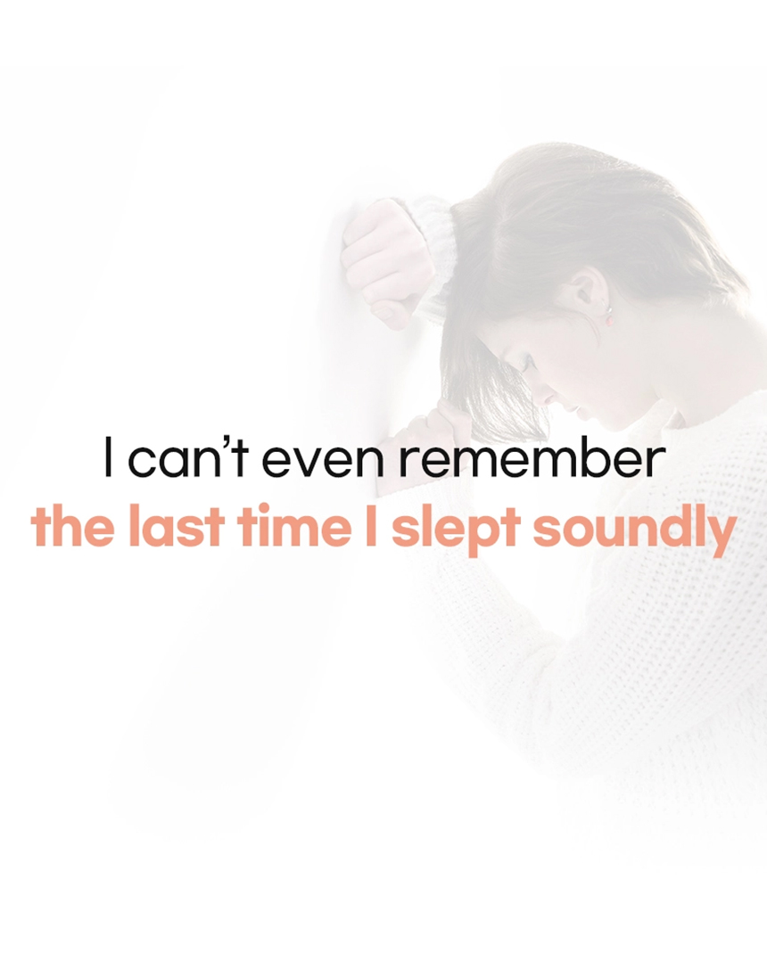 Person expressing sleep deprivation with text about difficulty sleeping soundly, representing modern sleep concerns