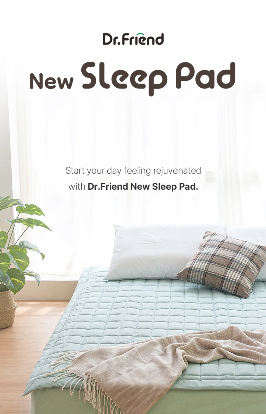 Dr.Friend New Sleep Pad displayed on a neatly styled bed in a bright bedroom, featuring a clean and refreshing sleep environment