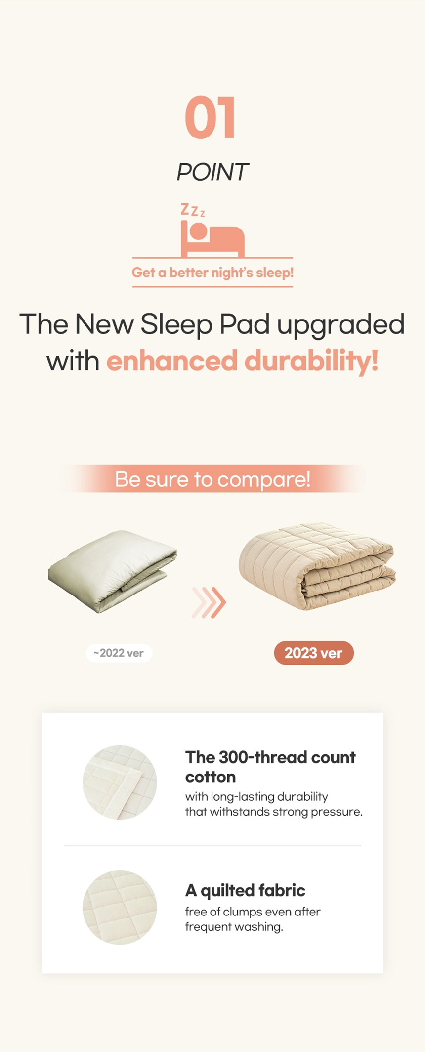 Infographic comparing the 2022 and 2023 versions of the Dr.Friend New Sleep Pad, highlighting enhanced durability, quilted fabric, and 300 thread count cotton