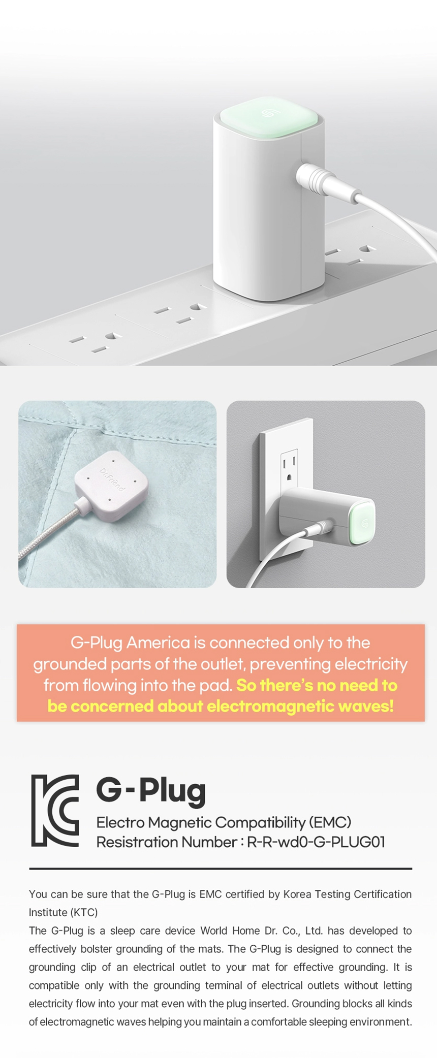 Dr.Friend G-Plug America connected to a power outlet, demonstrating grounding connection for use with the New Sleep Pad