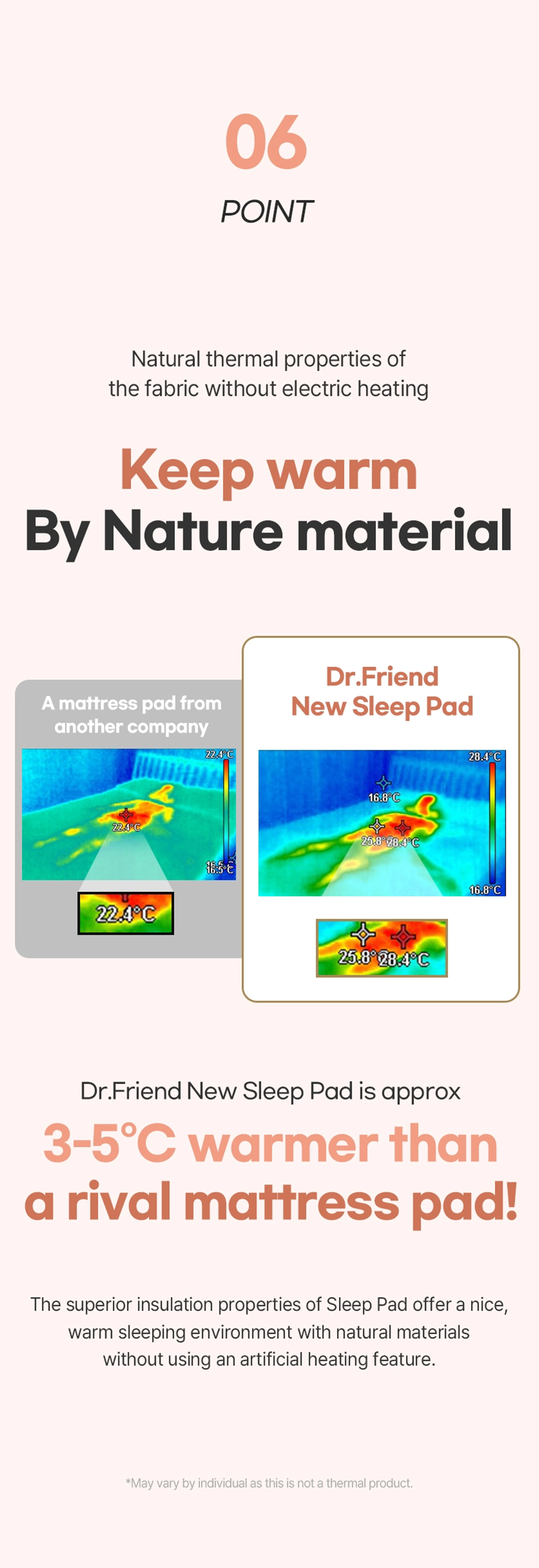 Thermal comparison graphic showing the Dr.Friend New Sleep Pad retaining more warmth than a standard mattress pad using natural materials
