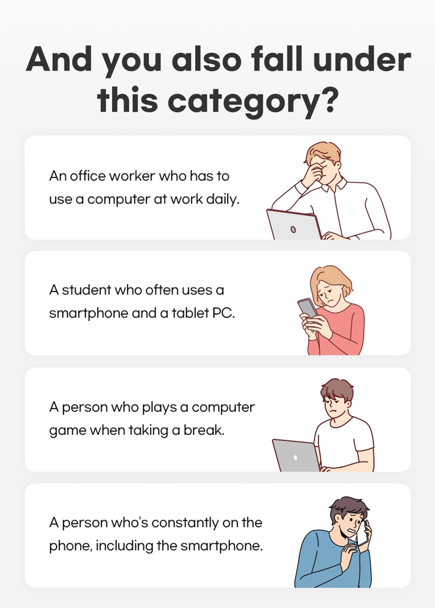 Illustrations depicting office workers, students, gamers, and smartphone users who frequently use electronic devices