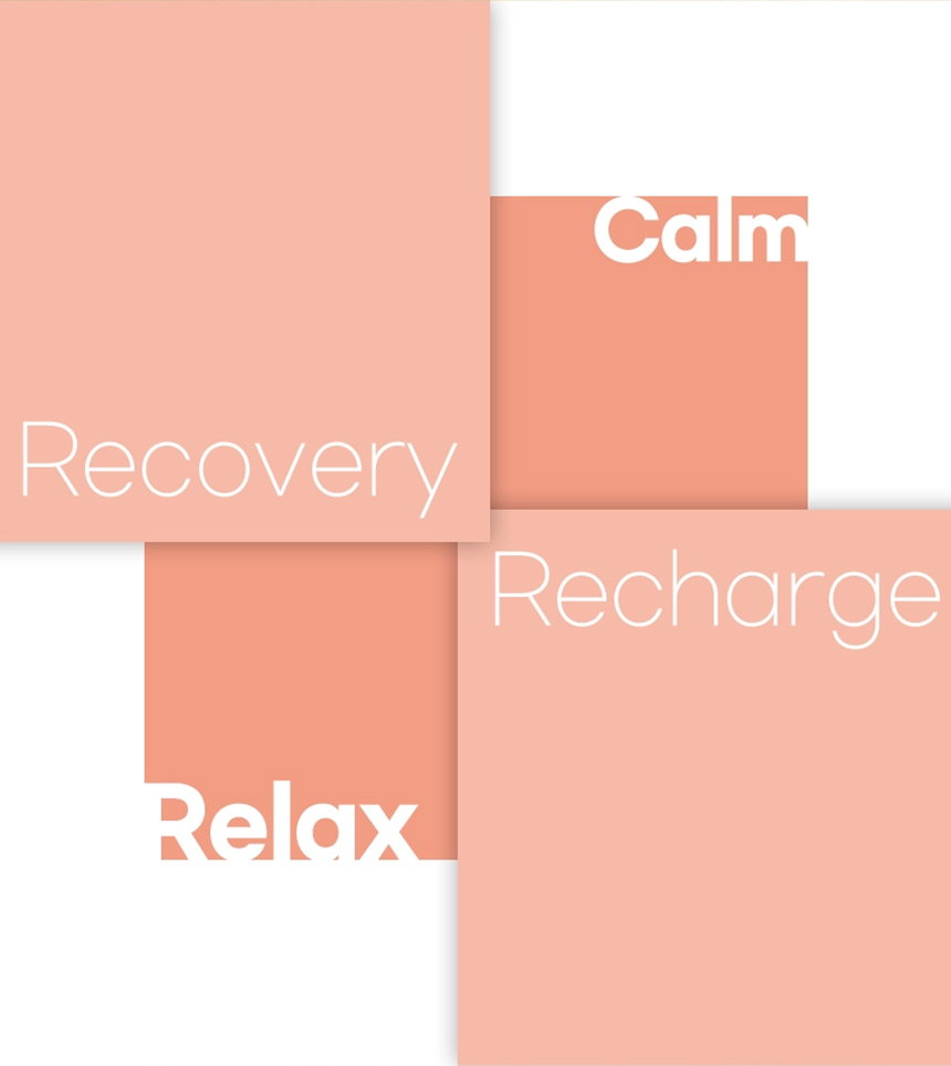 Graphic design featuring the words calm, recovery, recharge, and relax, expressing the Dr.Friend sleep care philosophy
