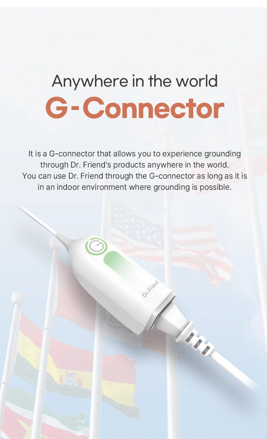 Dr.Friend G-Connector displayed with international flags, illustrating worldwide compatibility for grounding-enabled sleep products