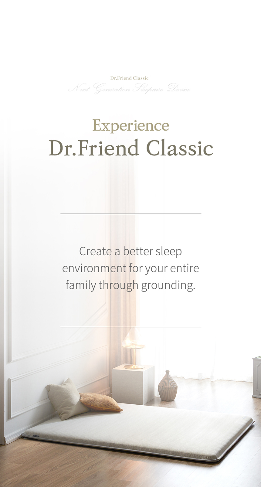 Dr.Friend Classic grounding sleep mat placed in a bright living space, presenting a calm and comfortable sleep environment"