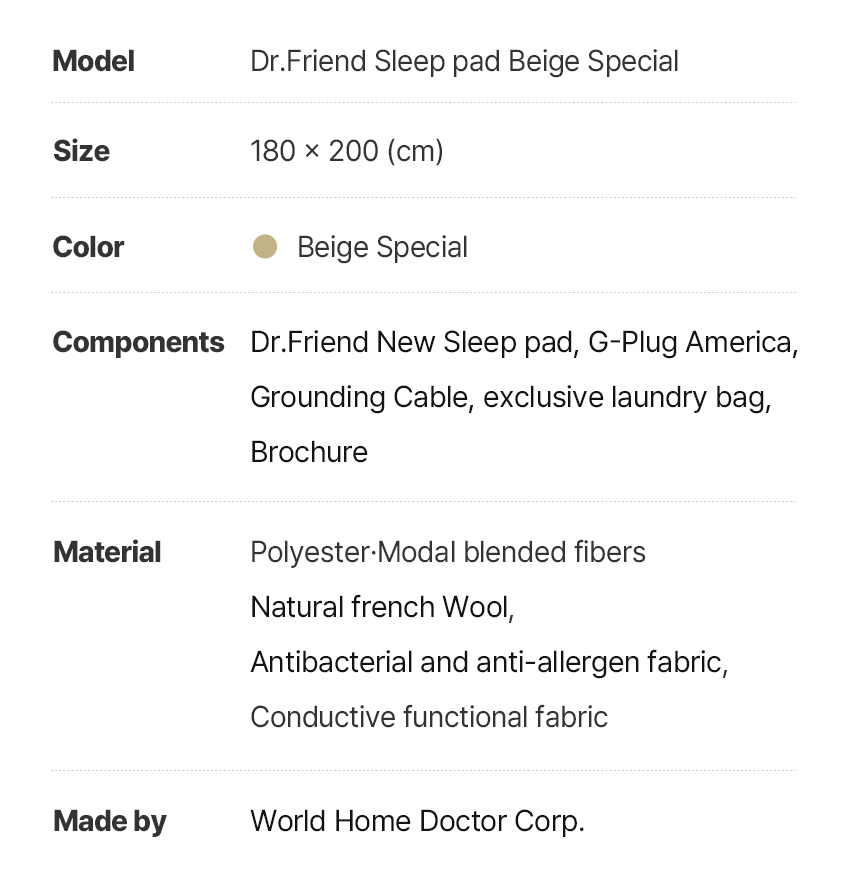 Specification table for Dr.Friend Sleep Pad Violet Special, listing size, color, materials, included components, and manufacturer information