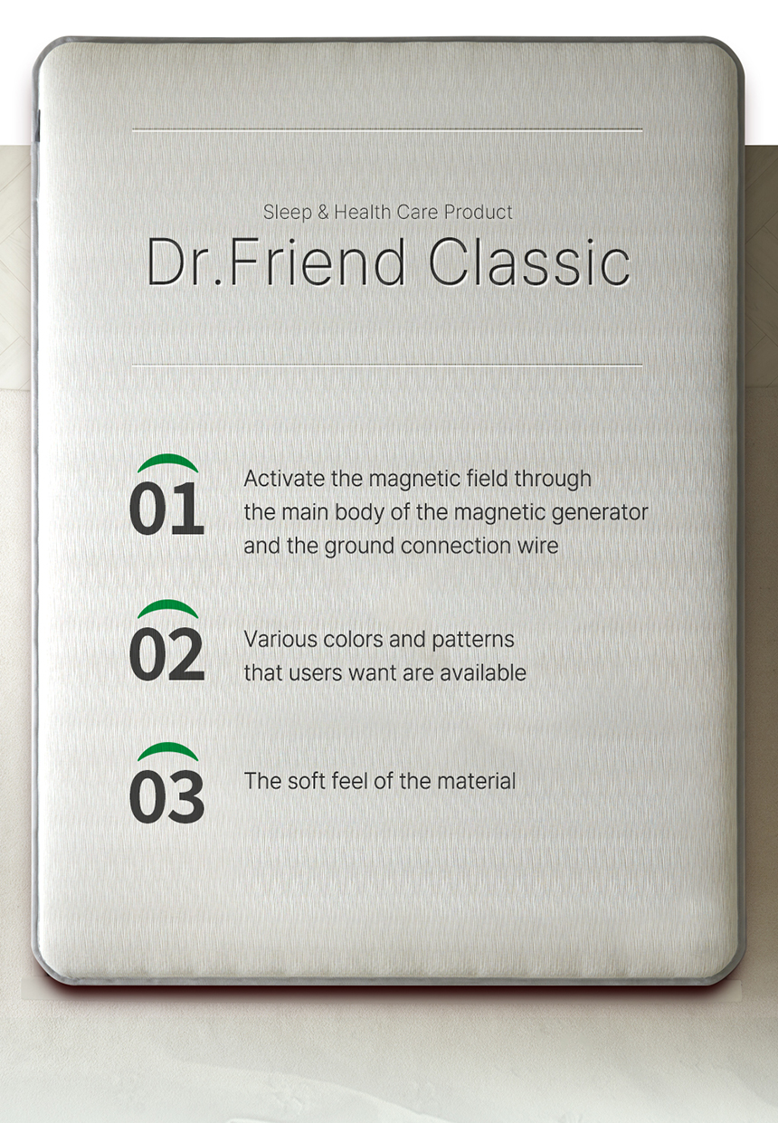 Dr.Friend Classic grounding mat overview showing magnetic activation, design options, and soft material features"