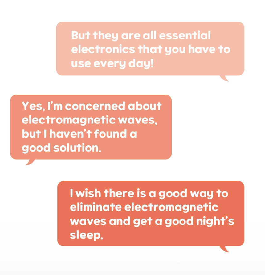 Speech bubble graphic expressing concerns about electromagnetic waves and the desire for better sleep solutions