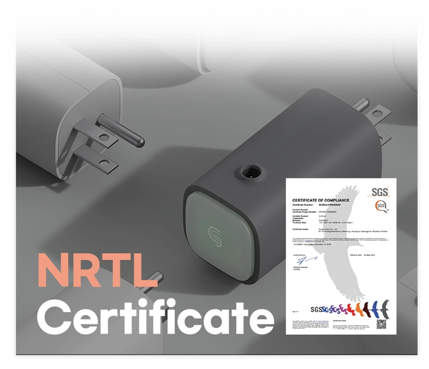 Close-up of Dr.Friend G-Plug America with NRTL safety certification, indicating compliance for use in the United States