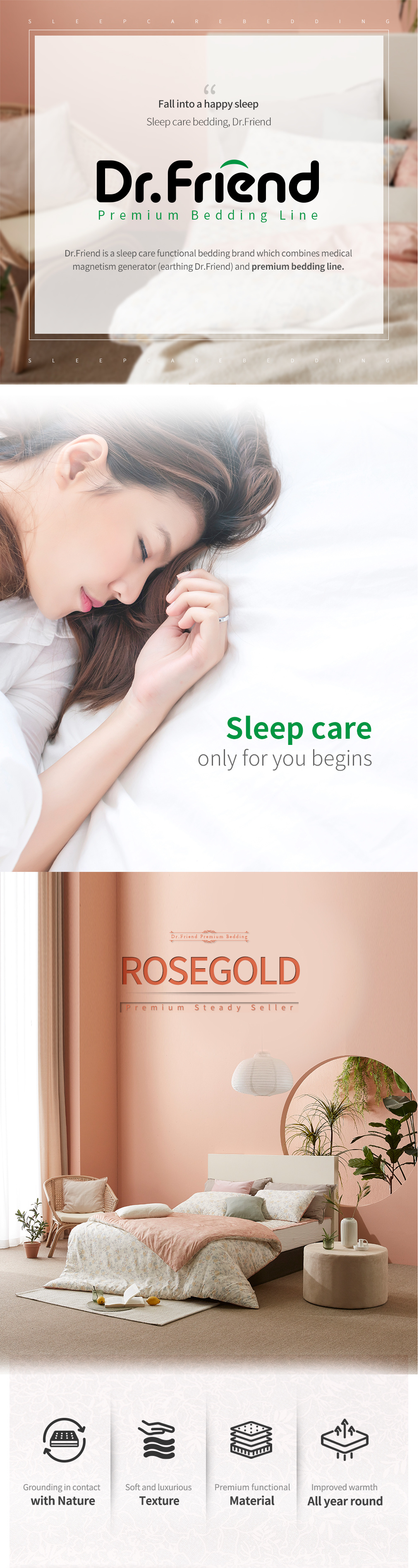 Premium DoctorFriend rose gold floral bedding set with grounding technology for healthy sleep.
