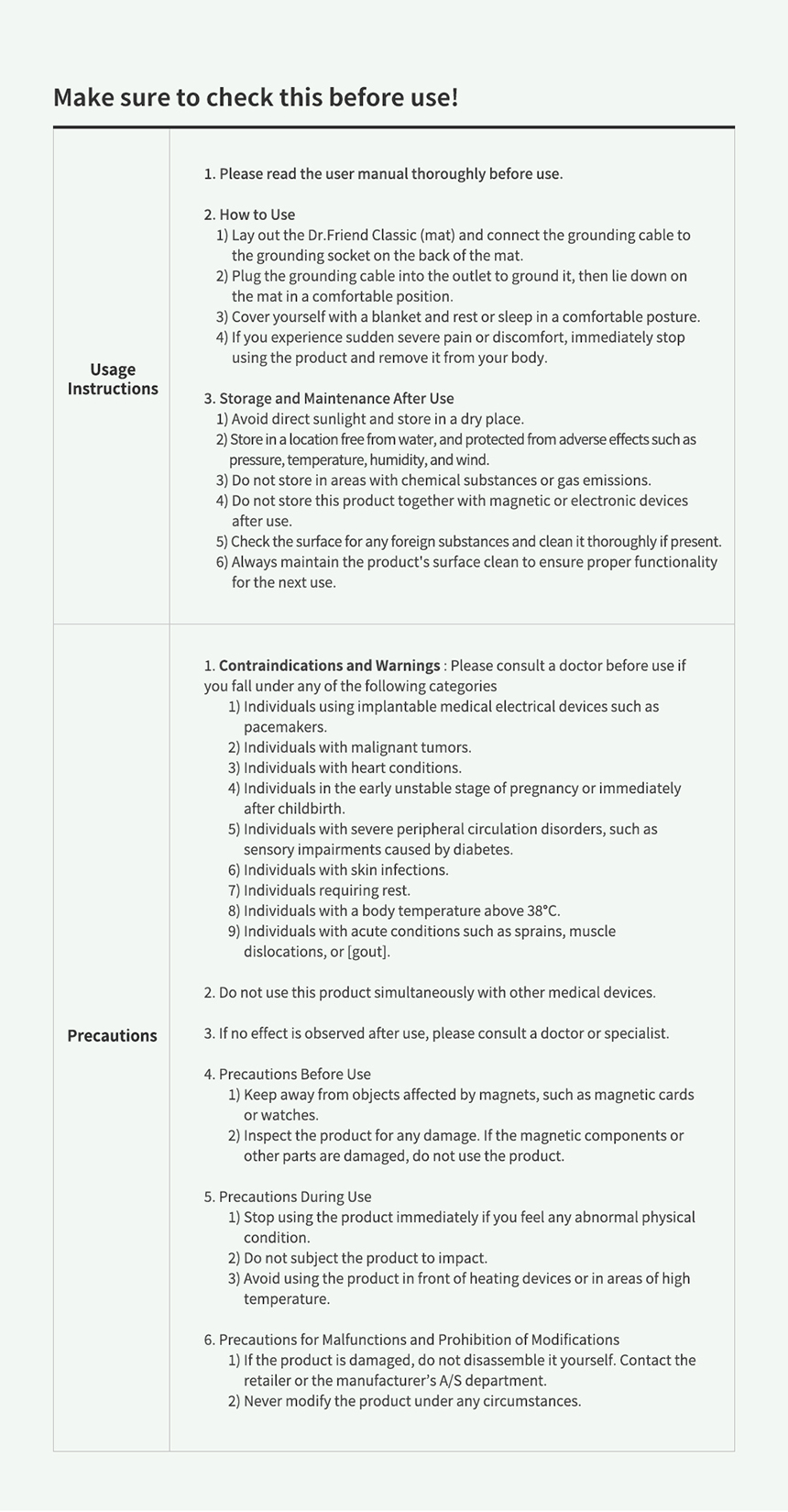 Usage instructions and safety precautions for the Dr.Friend Classic grounding sleep mat"