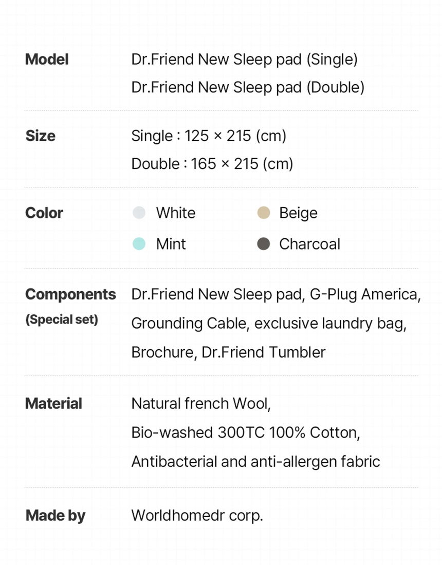 Specification table for the Dr.Friend New Sleep Pad showing size options, colors, materials, included components, and manufacturer information