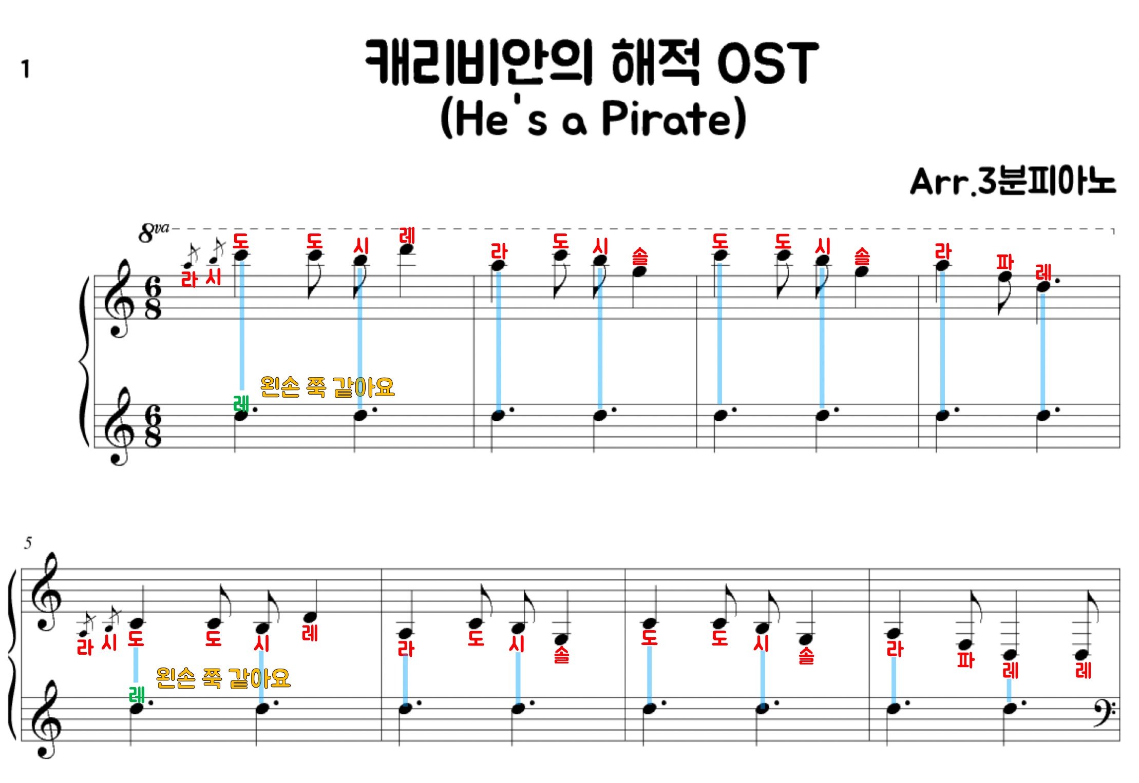 캐리비안의 해적 악보 피아노 (계이름 악보) | He's a pirate | Pirates of the caribbean theme