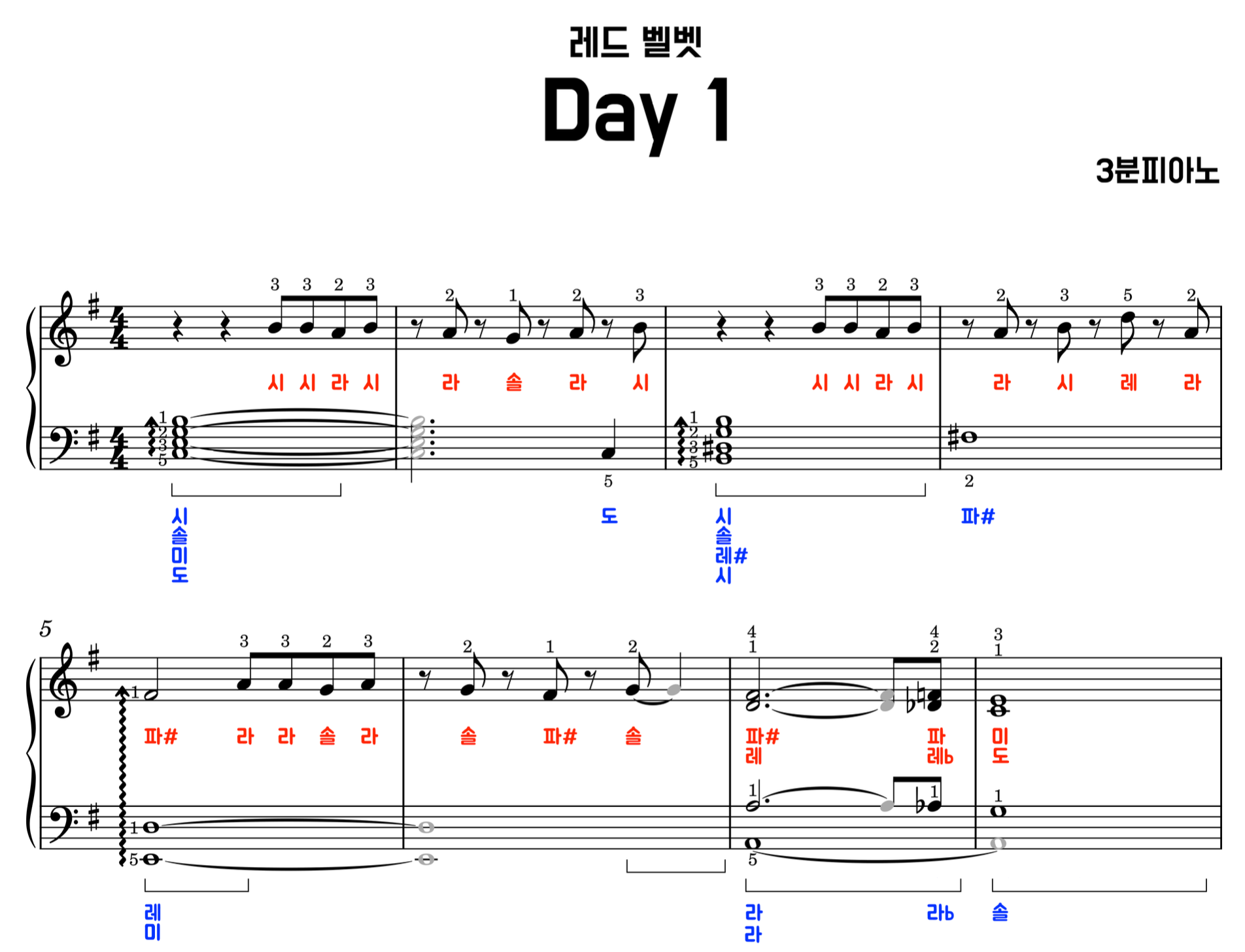 레드벨벳 day 1 피아노 악보 ( +손번호, 페달 포함) | 계이름 악보