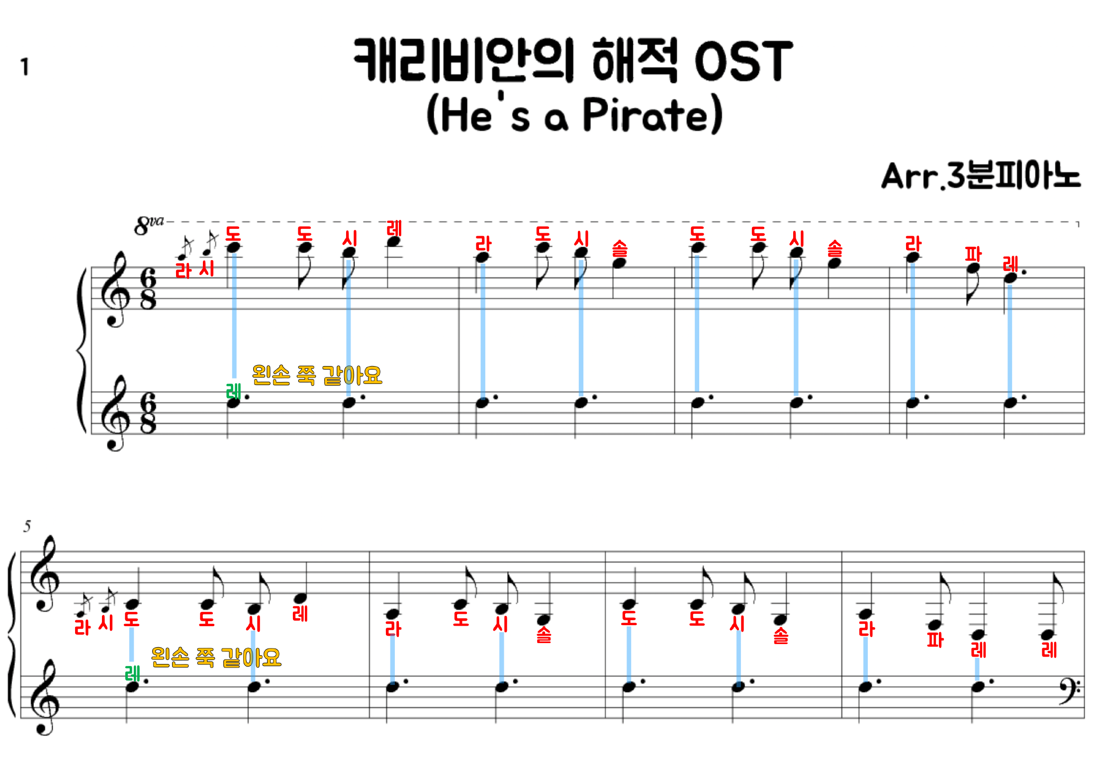 캐리비안의 해적 악보 피아노 (계이름 악보) | He's a pirate | Pirates of the caribbean theme