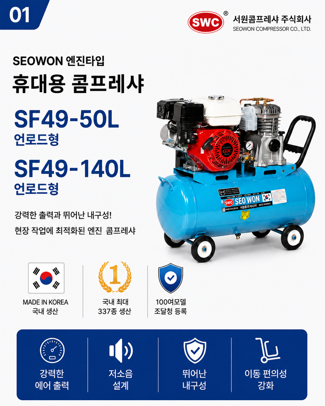 SF49 50L 엔진타입 언로드형 철탱크, 서원콤프레샤, 휴대용콤프레샤, 이동용콤프레샤, 최신형콤프레샤, 해외수출용콤프레샤, 최대에어량, 최저소음