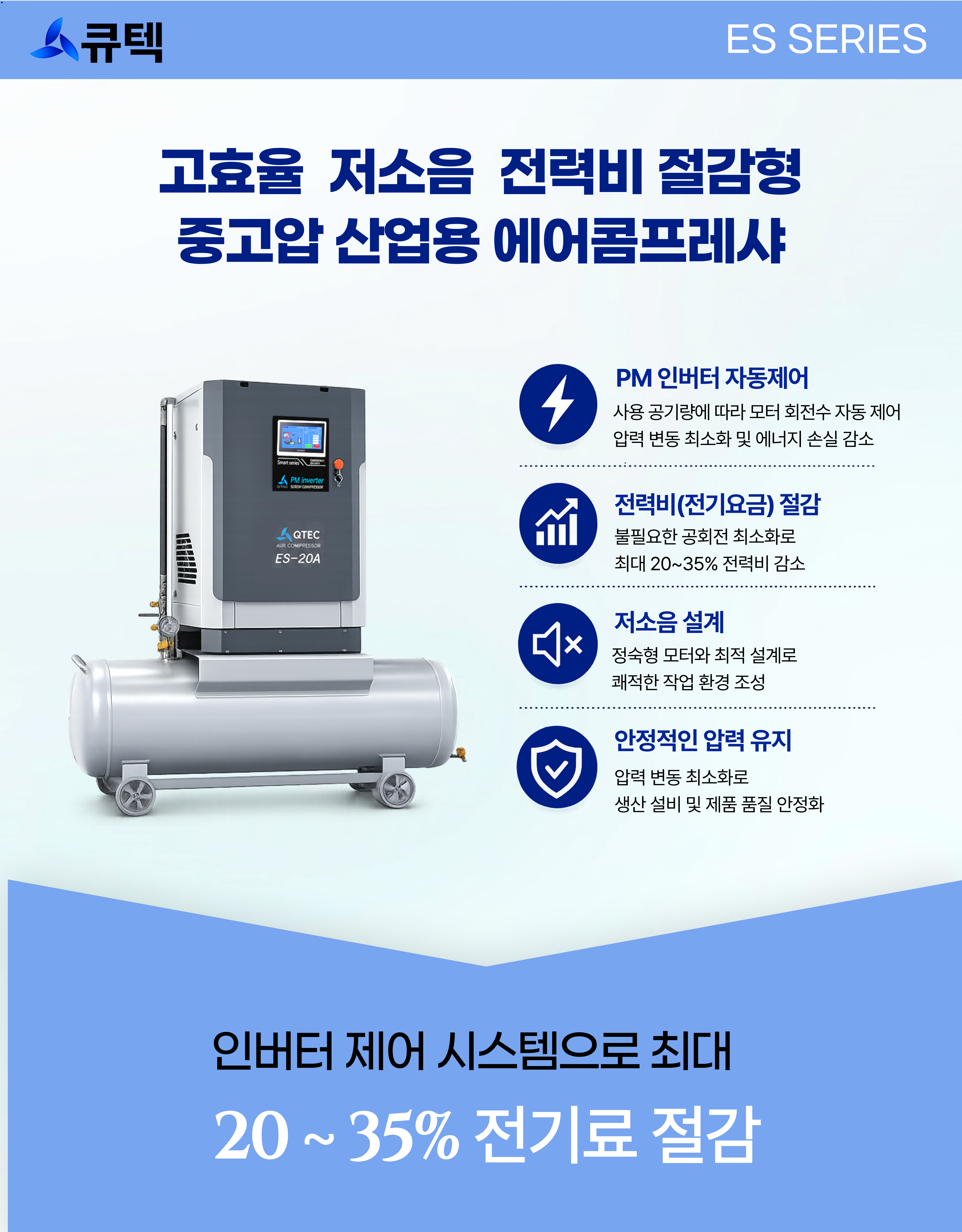 큐텍, QTEC, ES-20H, 중고압 콤프레샤, 인버터 콤프레샤, PM콤프레샤, 스크류 콤프레샤, 탱크일체형