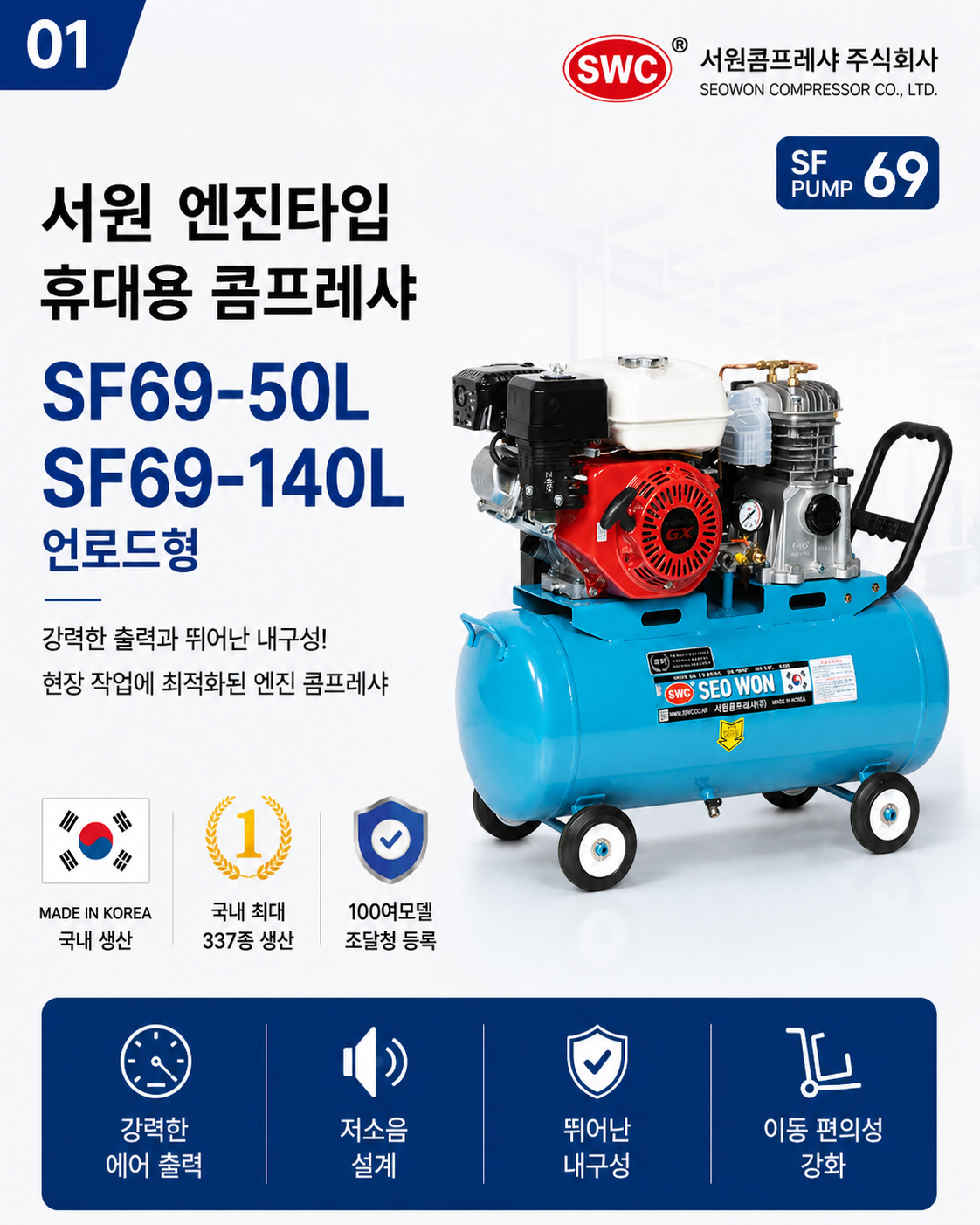 SF69 50L 140L 엔진타입 언로드형 철탱크, 서원콤프레샤, 휴대용콤프레샤, 이동용콤프레샤, 최신형콤프레샤, 해외수출용콤프레샤, 최대에어량, 최저소음 복제