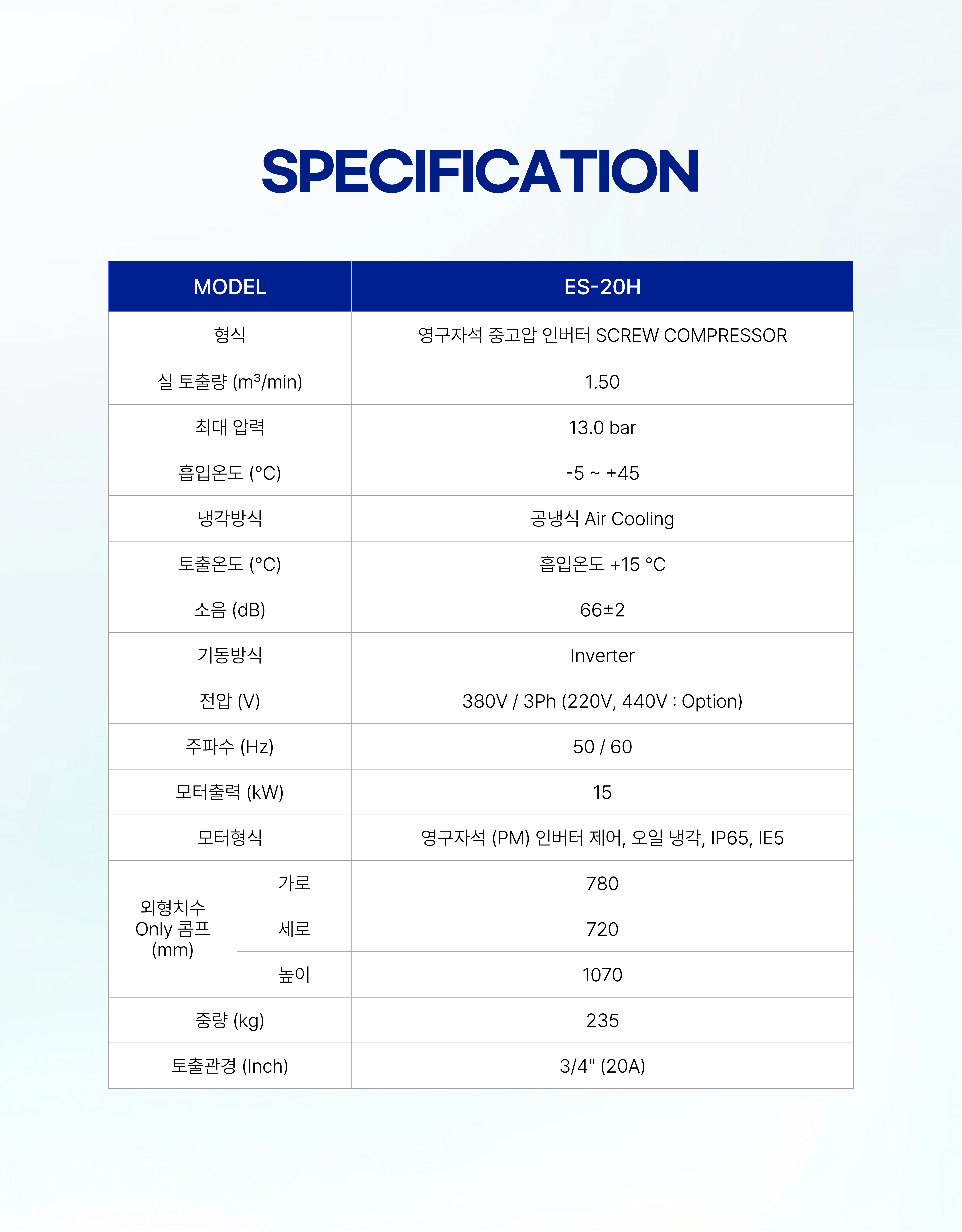 큐텍, QTEC, ES-20H, 중고압 콤프레샤, 인버터 콤프레샤, PM콤프레샤, 스크류 콤프레샤, 탱크일체형