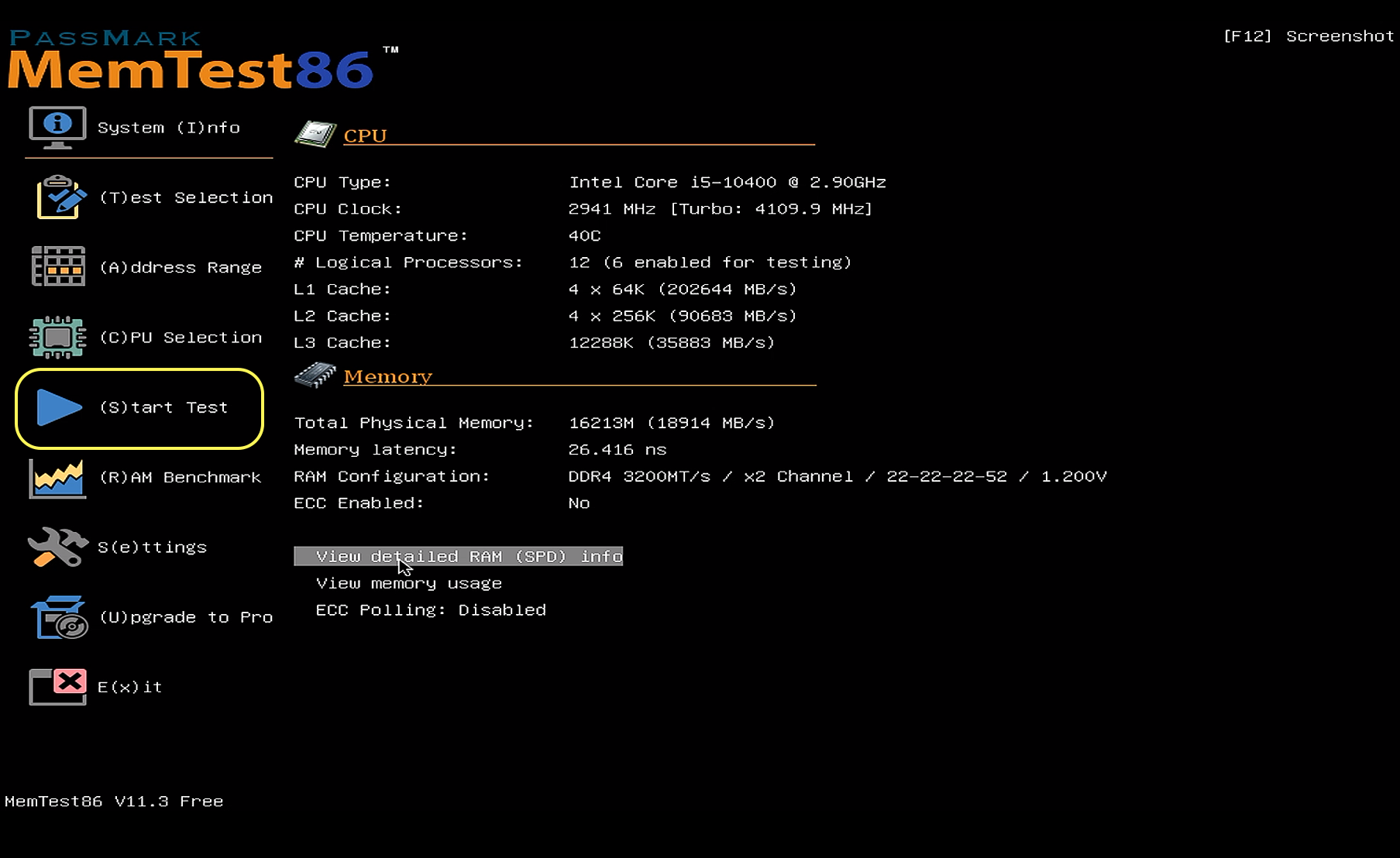 MemTest86 테스트 시작 단주