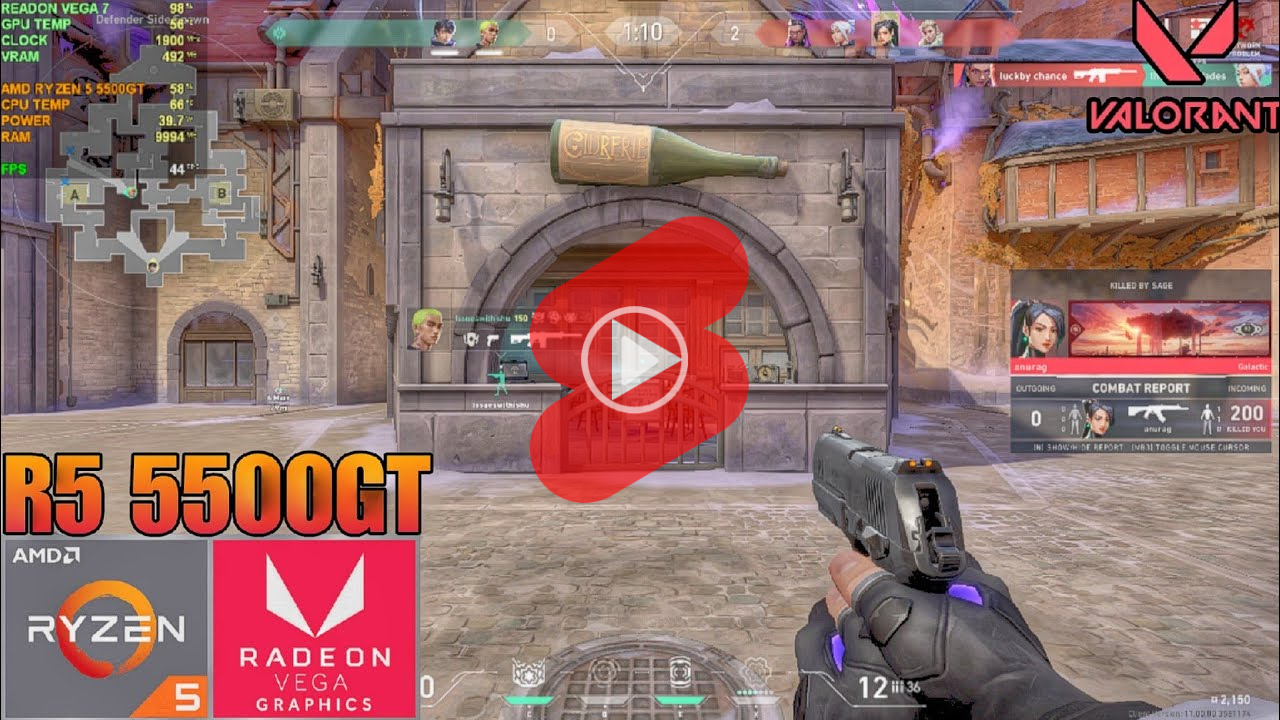 AMD 5500 GT CPU + 16GB 메모리 구성 PC에서 발로란트 게임 성능 테스트