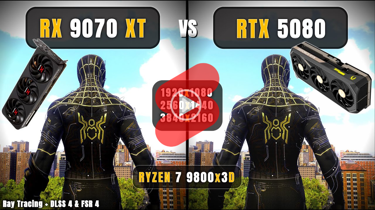 FHD, QHD, 4K 해상도에서 RX 9070 XT와 RTX 5080 게임 성능 비교 영상