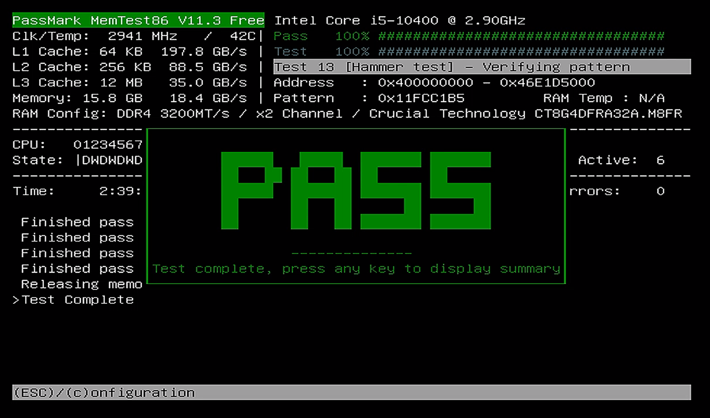 MemTest8 테스트 완료 후 정상 판정 화면