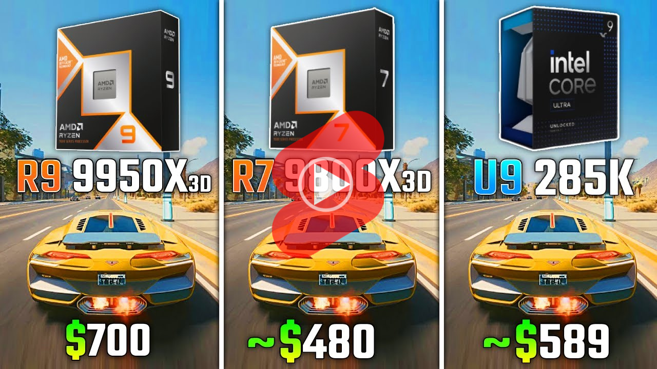 4K 해상도에서  9950X3D, 9800X3D, 인텔 285K CPU 게임 성능 비교 영상
