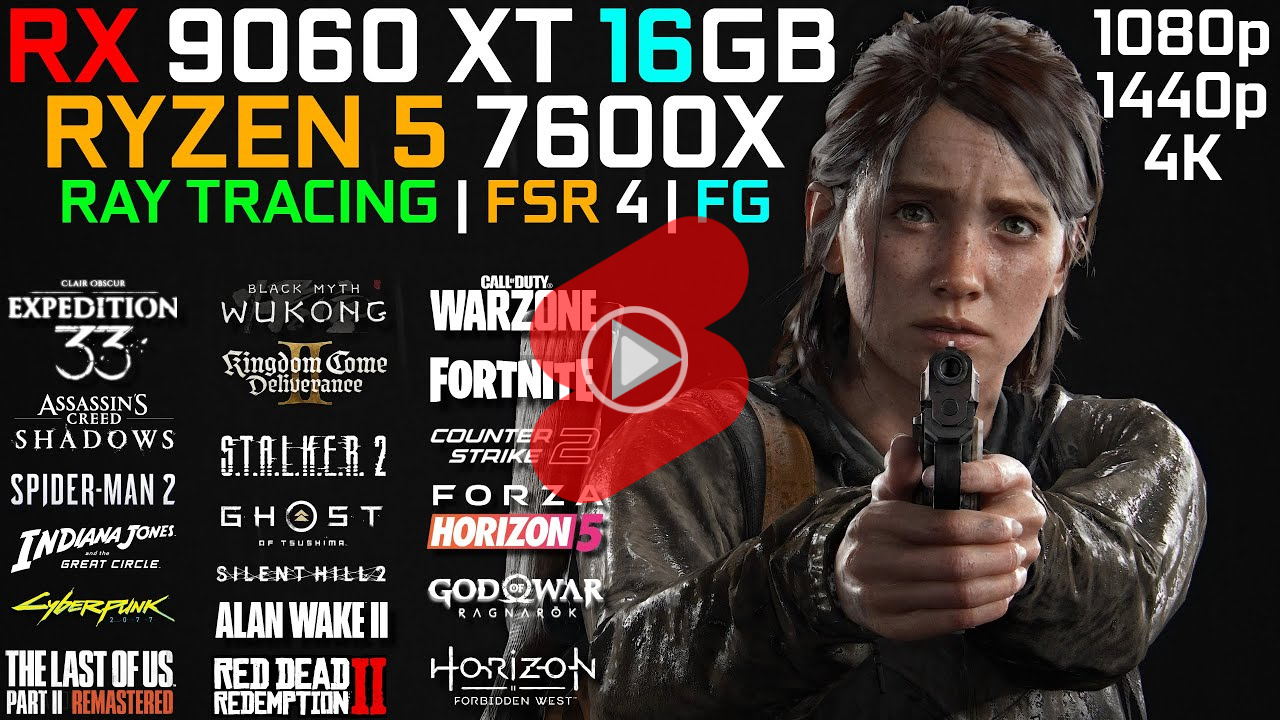 FHD, QHD, 4K  해상도에서 AMD 라이젠5 7600X + RX 9060 XT 16GB 조합 게임 성능 확인 영상