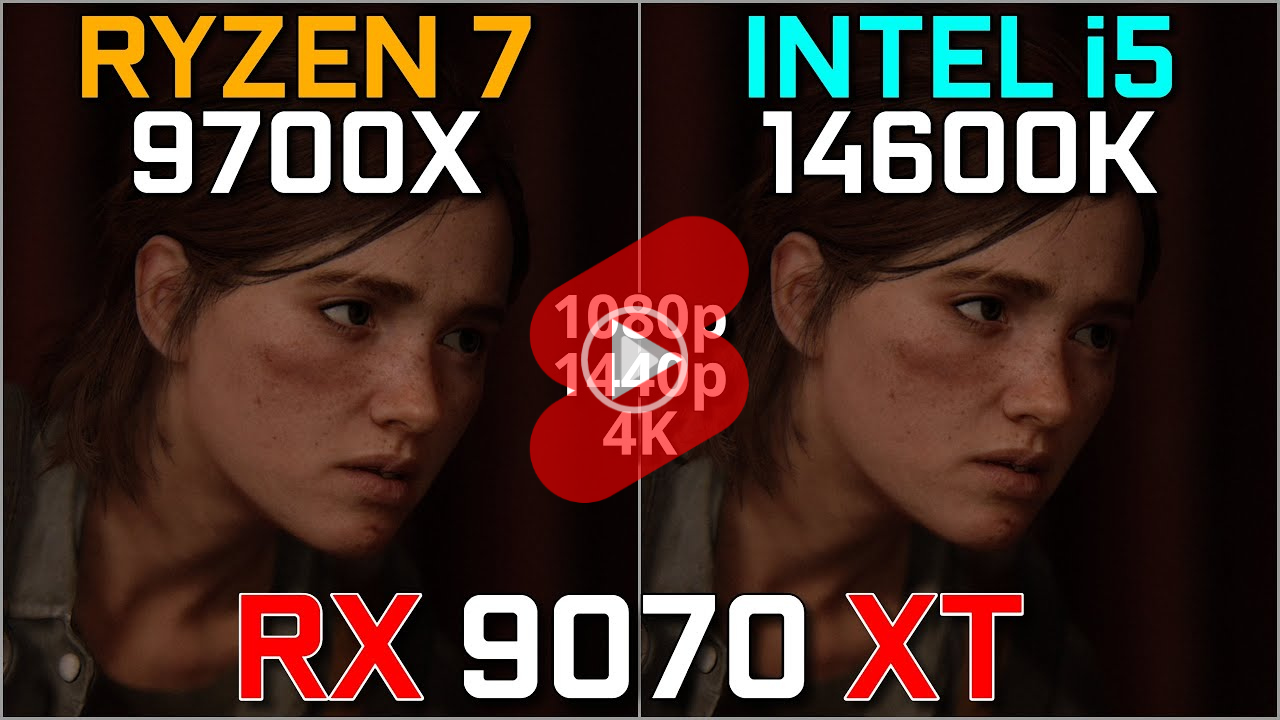 FHD, QHD, 4K 해상도에서 i5 14600K와 라이젠7 9700X + RX 9070 XT + 32GB 메모리 구성 PC의 게임 성능 비교 영상