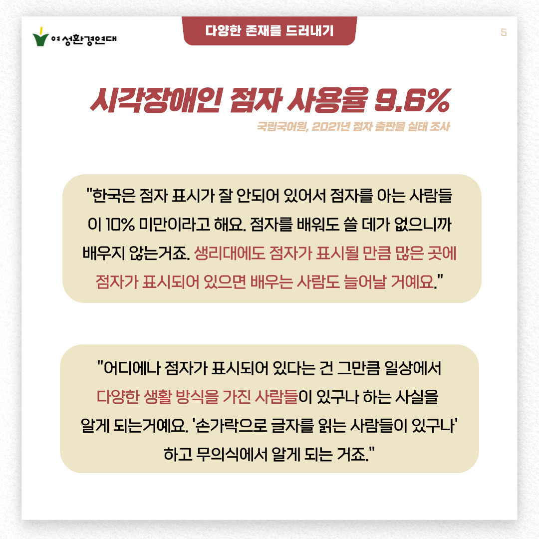 5p.  [다양한 존재를 드러내기]  시각장애인 점자 사용율 9.6%  (국립국어원, 2021년 점자 출판물 실태 조사)    "한국은 점자 표시가 잘 안되어 있어서 점자를 아는 사람들이 10% 미만이라고 해요.  점자를 배워도 쓸 데가 없으니까 배우지 않는거죠.  생리대에도 점자가 표시될 만큼 많은 곳에  점자가 표시되어 있으면 배우는 사람도 늘어날 거예요."    "어디에나 점자가 표시되어 있다는 건 그만큼 일상에서  다양한 생활 방식을 가진 사람들이 있구나 하는 사실을 알게 되는거예요.  '손가락으로 글자를 읽는 사람들이 있구나' 하고  무의식에서 알게 되는 거죠."